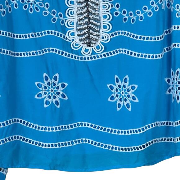Boston Proper Women’s Turquoise & White Beaded Eyelet Blouse Medium - Picture 3 of 16